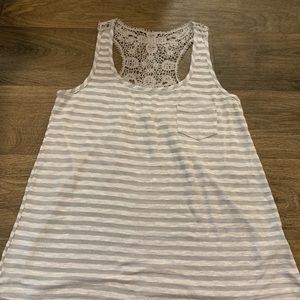 Gray and White with crochet details.